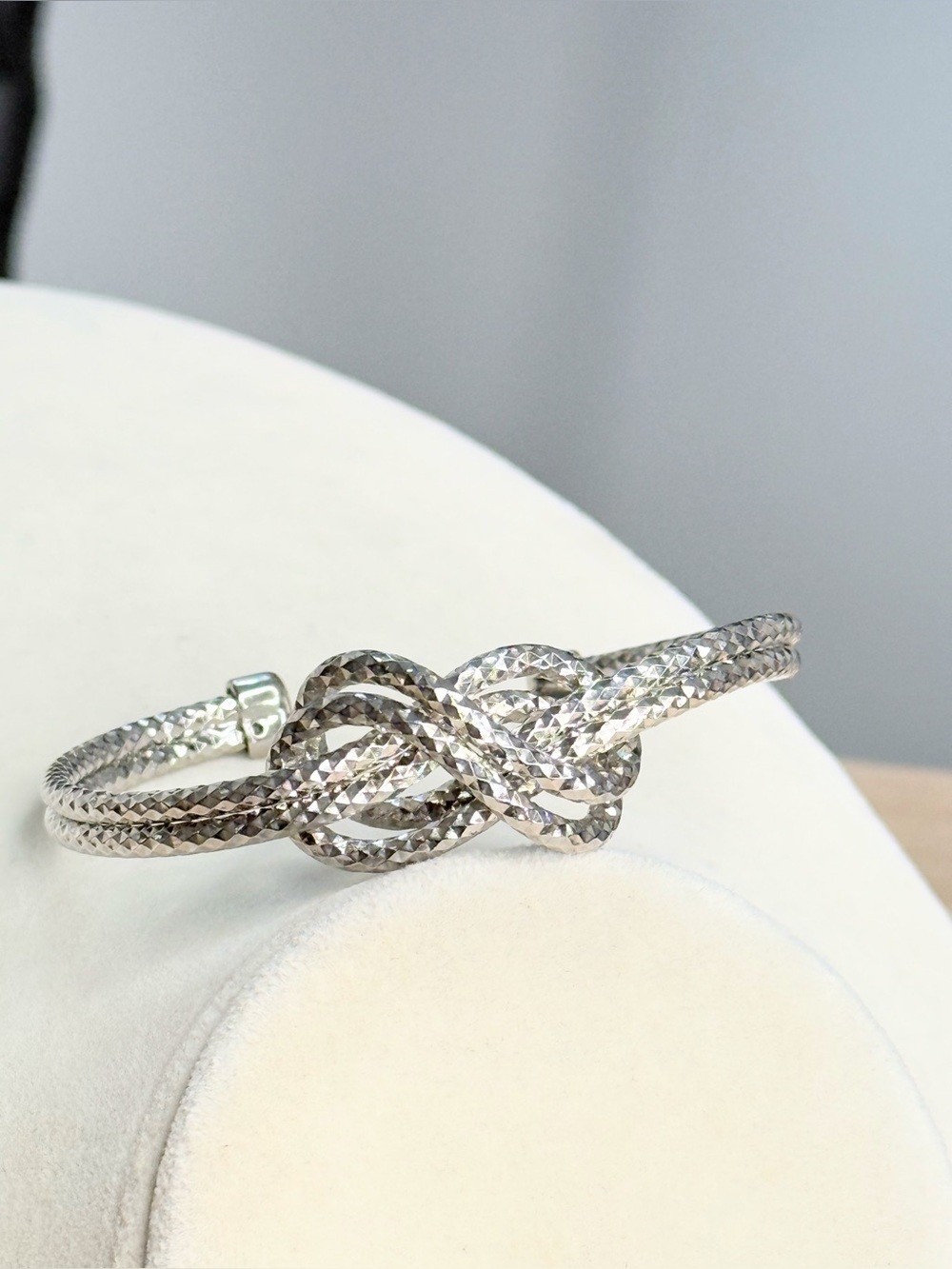 Silver Tone Knot Cuff Bracelet Diamond Cut Textured Adjustable Statement